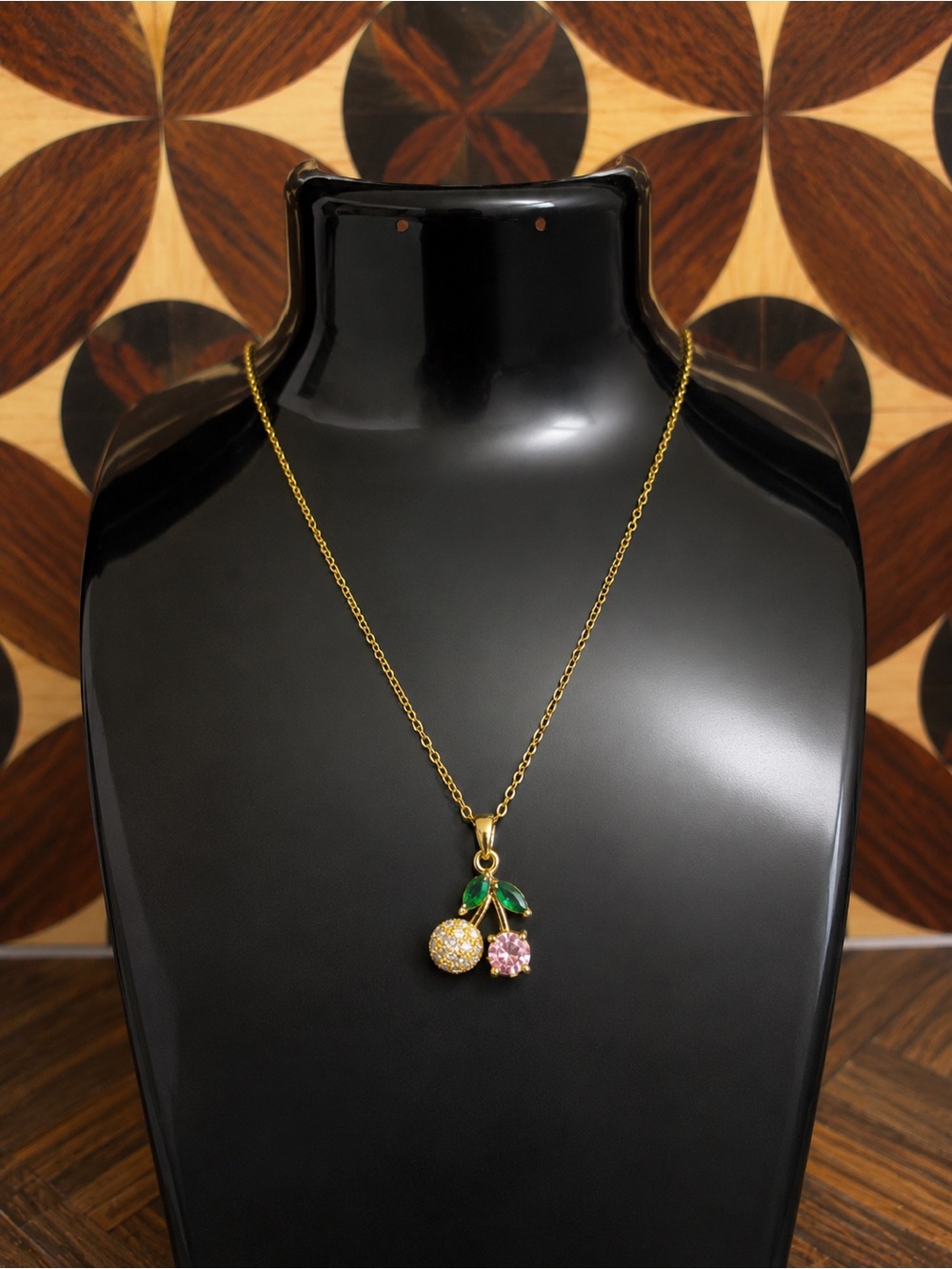 Stainless Steel Cherry Pendant Necklace with Green and Pink Accents (NEW)